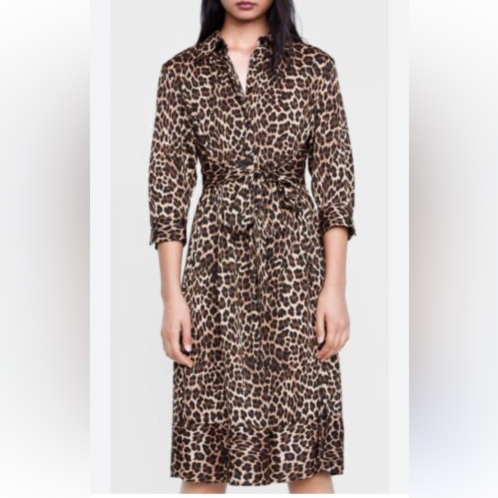 NWOT Zara tie waist leopard animal print brown black fall shirt dress size XS
